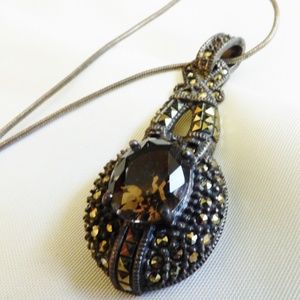 Judith Jack JJ signed Sterling Smoky Topaz Marcasite Pendant & Italian Necklace